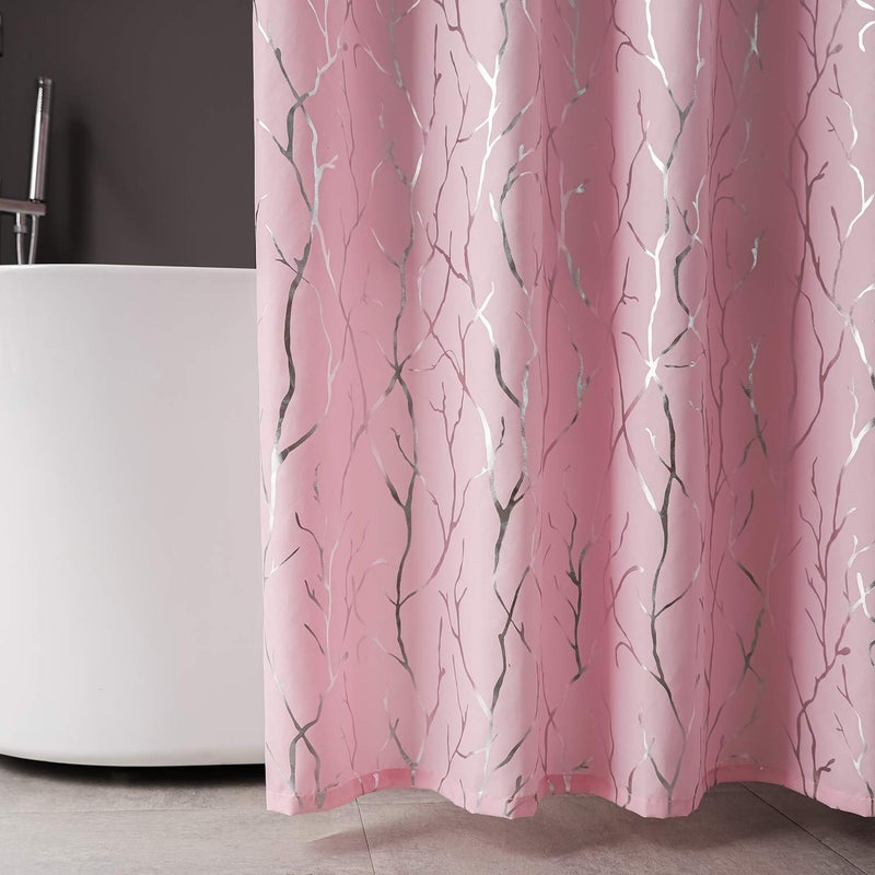 FINECITY Pink Shower Curtain Set - Metallic Silver Foil Tree Branch Pattern Print Grommet Shower Curtain with 12 Hooks for Bathroom (NOT Waterproof), 72 x 72 Inch, Silver Pink - Image 3